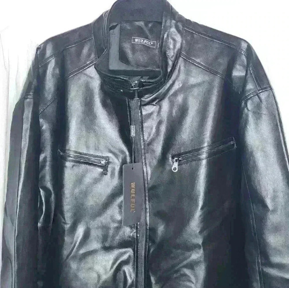 WULFUL Men's Stand Collar Leather Jacket Motorcycle Lightweight Faux Leather - Picture 9 of 9